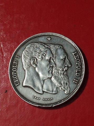 België. 5 Francs 1880, 50 Years of Belgian Independence, Postzegels en Munten