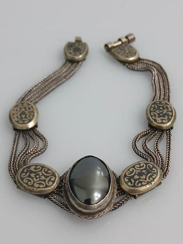 Onyx - Bracelet tissé vintage en argent 800 fait main avec