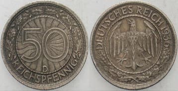 50 Reichspfennig 1936 D Kleinmunten Weimarer Republik Wei..., Verzenden, België