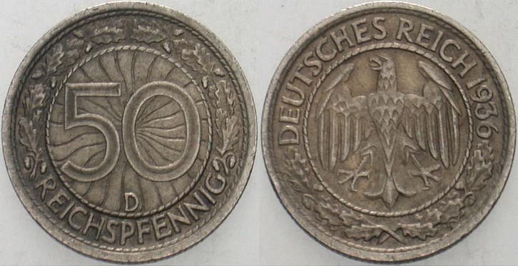 50 Reichspfennig 1936 D Kleinmunten Weimarer Republik Wei..., Postzegels en Munten, Munten | Europa | Niet-Euromunten, België