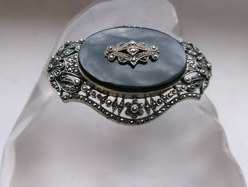 Zilver, Onyx & Marcasites - Broche - Art Deco-stijl