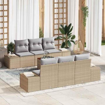 vidaXL Tuinbank Set 7 st Beige en Lichtgrijs poly rattan, Verzenden, Nieuw