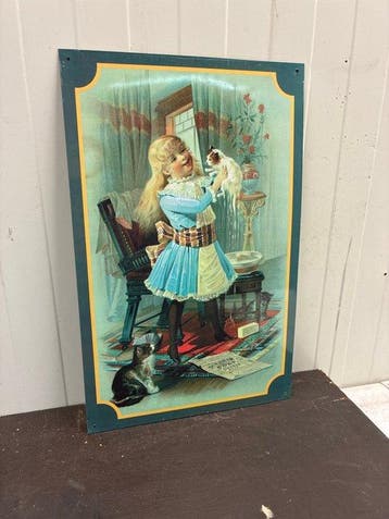 Vintage blikken bord – meisje met katten – nostalgische
