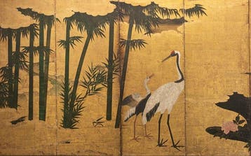 Een zesdelig vouwscherm met bladgoud en kraanvogels, pioenen