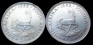Zuid-Afrika. Elizabeth II. 5 Shillings 1956-1958 (Lot of 2
