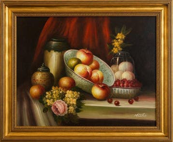 M. Santos (XX) - Classical Still Life with Fruit, Ceramics &
