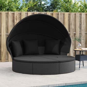 vidaXL Loungebed met luifel en kussens poly rattan zwart, Verzenden