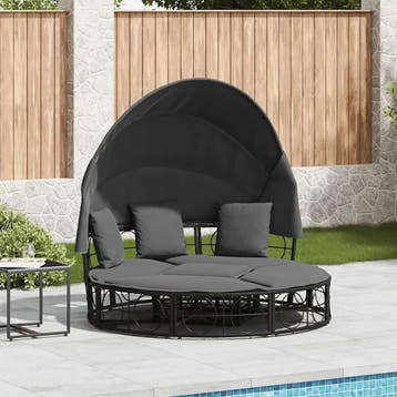 vidaXL Loungebed met luifel en kussens poly rattan zwart, Verzenden, Nieuw