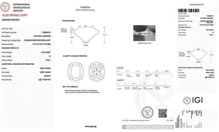 1 pcs Diamant (Natuurlijk) - 1.00 ct - Cushion - D, Bijoux, Sacs & Beauté, Pierres précieuses