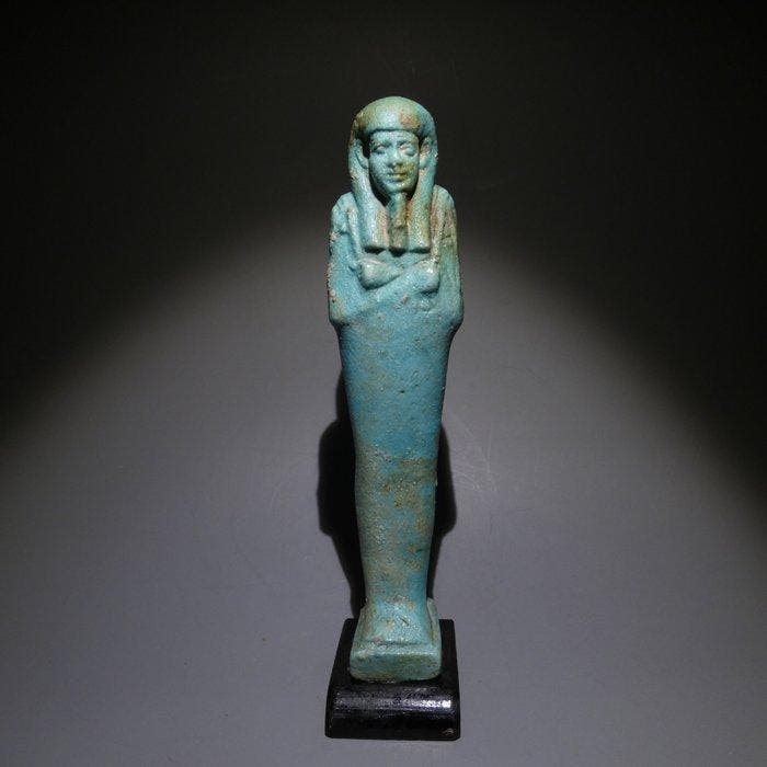 Oud-Egyptisch Faience Prachtige grote Shabti. 16,5 cm hoog., Collections, Minéraux & Fossiles