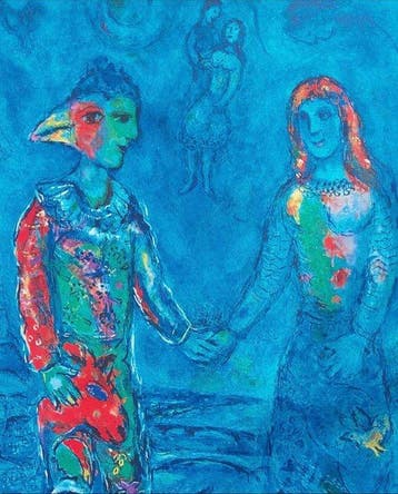 Marc Chagall (1887-1985) - Dos personajes sobre fondo azul, Antiek en Kunst