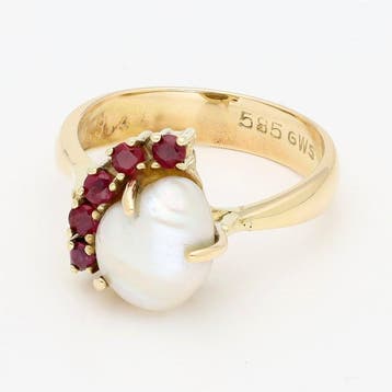 Bague - 14 carats Or jaune - Rubis - Perle