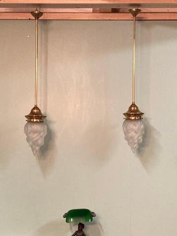 Plafondlamp - Gelakt messing - Twee pendellampen