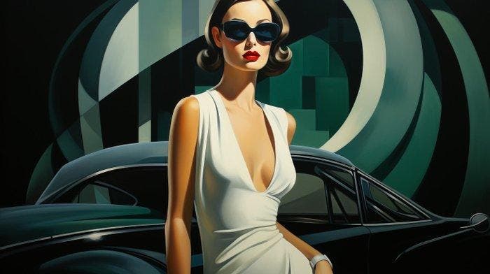 CREATIVE_HUB - Vintage car and gentle woman in De Lempicka, Maison & Meubles, Maison & Meubles | Autre