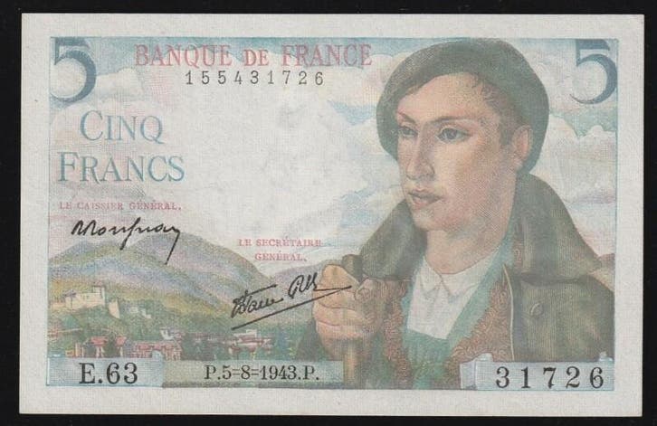 France Fay 05/03 5 Francs Berger 05/08/1943 Pick 98, Postzegels en Munten, Bankbiljetten | Europa | Niet-Eurobiljetten, België
