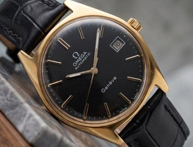 Omega - Vintage Genève Automatic - Calibre 565 - Black Dial, Handtassen en Accessoires, Horloges | Heren