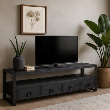 Tv-meubel Mangohout Britt 180 Zwart, Verzenden, Nieuw, Overige houtsoorten, Industriële meubels