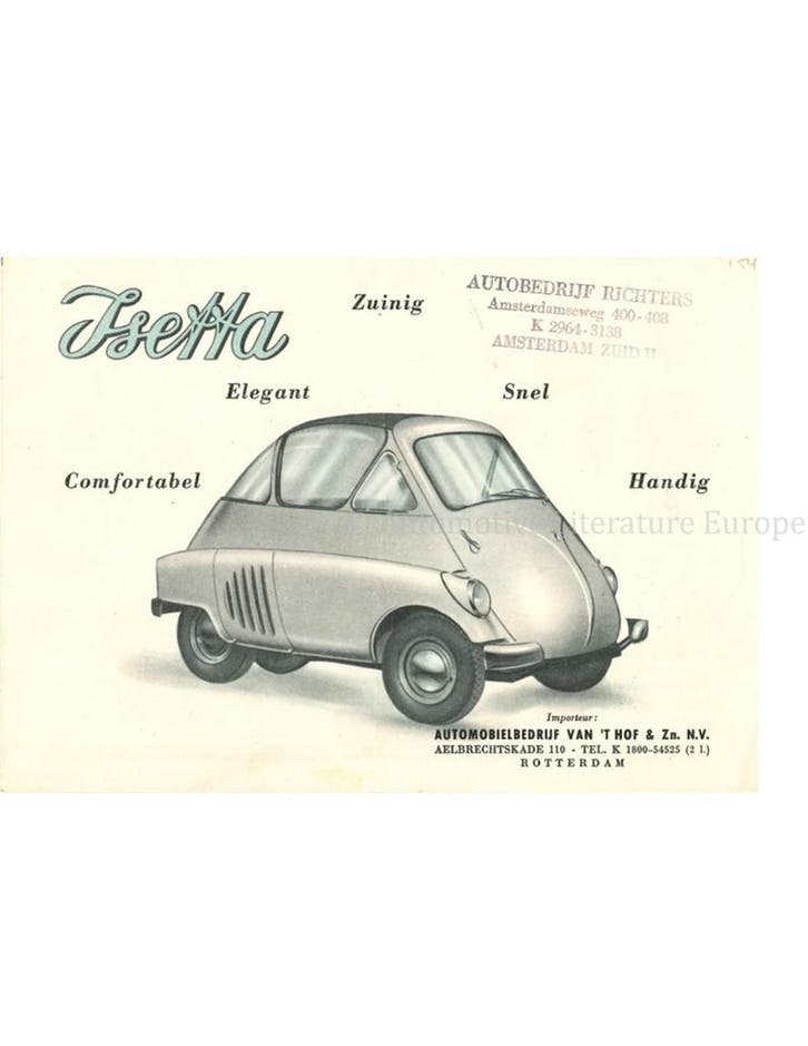 1954 ISO ISETTA BROCHURE NEDERLANDS, Livres, Autos | Brochures & Magazines