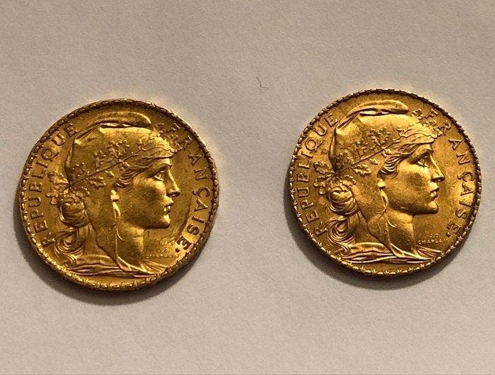 France. 20 Francs 1911 et 1913 Marianne (lot de 2 monnaies, Postzegels en Munten, Munten | Europa | Niet-Euromunten