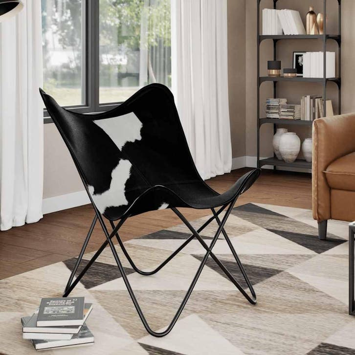 vidaXL Vlinderstoel echt rundleer zwart en wit, Huis en Inrichting, Fauteuils, Nieuw, Verzenden
