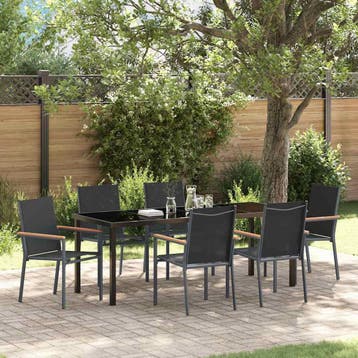 vidaXL Tuin Eettafel Set 7 st Zwart Poedergecoat staal, Verzenden, Nieuw