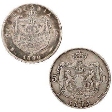 Roumanie. Carol I. 5 Lei 1880 & 1883 (2 stuks) (Sans prix de