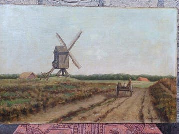 Emile Nelis (1853-) - Molengezicht met paard en wagen.