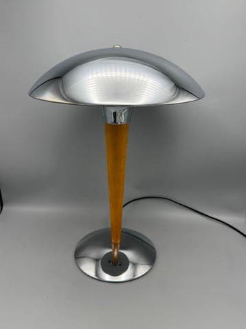 chroom en houten paddenstoel lamp - Tafellamp - Metaal, Hout
