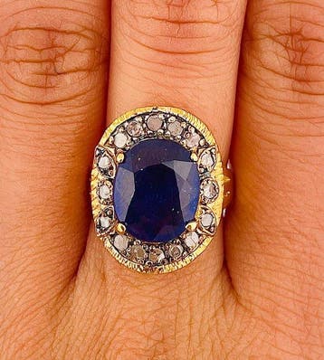 Zonder minimumprijs - Ring - 9 kt. Geel goud, Zilver Saffier