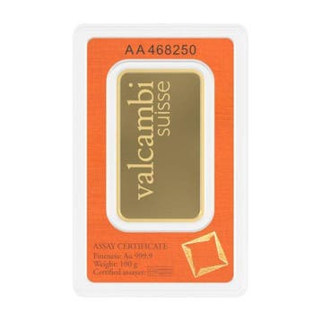 100 gram - Goud .999 - 100g .9999 Fine Gold Bar Valcambi