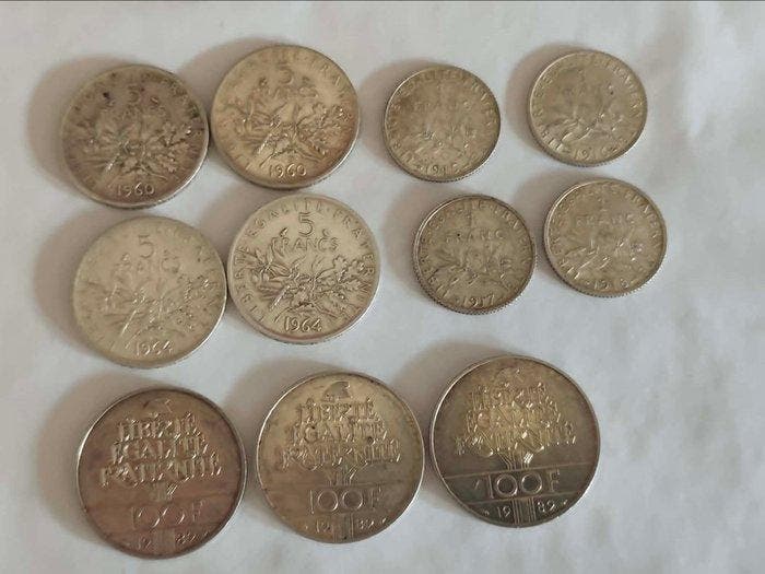 France. Lot de 11 monnaies en argent, 1915/1989 (Sans prix, Timbres & Monnaies, Monnaies | Europe | Monnaies non-euro
