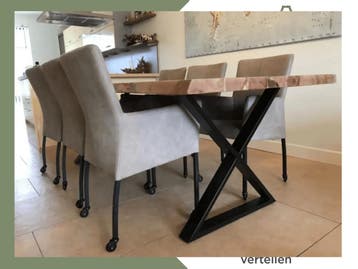 Set van 6 bruine leren eetkamerstoelen met wieltjes en, Ophalen of Verzenden, Nieuw, Eén