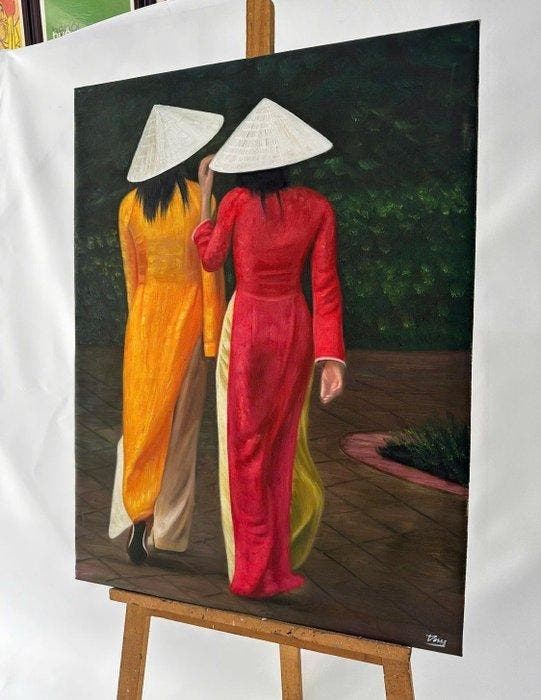 Nguyn Vn Duy (1982) - Les Promeneuses 80 60 cm, Antiquités & Art, Art | Peinture | Moderne