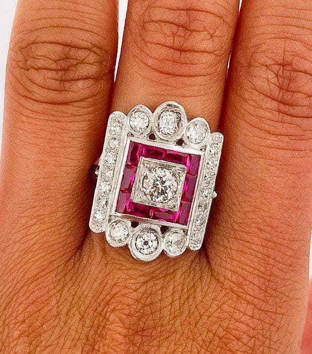 Ring Platina Diamant (Natuurlijk) - Robijn, Bijoux, Sacs & Beauté, Bagues