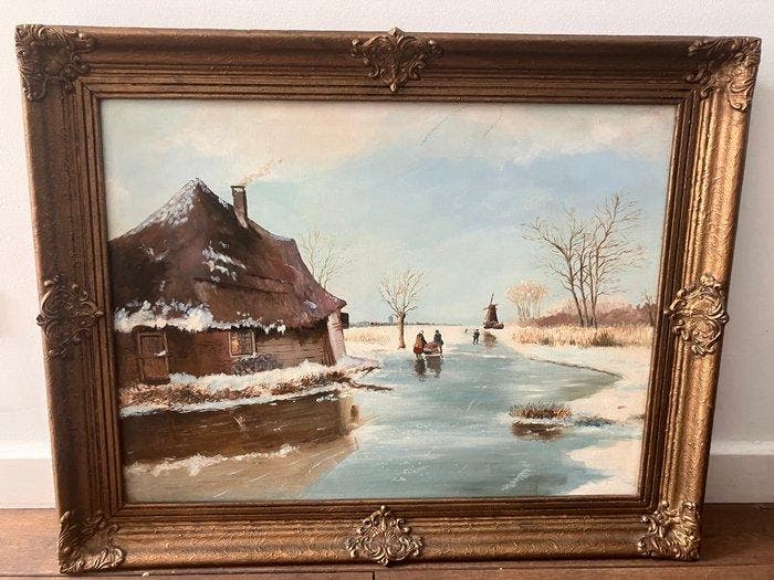 Hollandse School (XIX) - Winterlandschap met boerderij en, Antiquités & Art, Art | Peinture | Classique