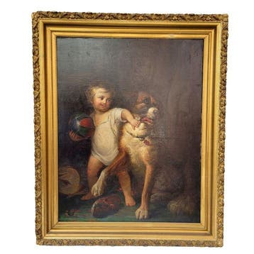 Franse school (XIX) - Retrato infantil, Niño con perro, Antiek en Kunst