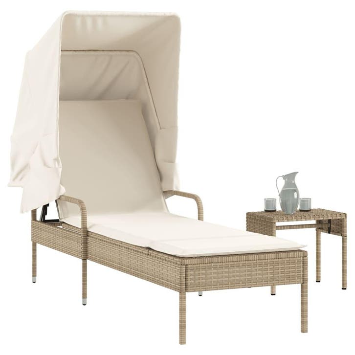 vidaXL Ligbed met luifel en tafel poly rattan beige, Tuin en Terras, Ligbedden, Nieuw, Verzenden