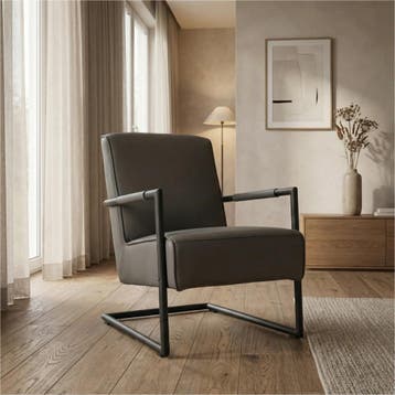 Leren fauteuil Lodge - Toledo Antracite (donkergrijs), Industrieel, Modern, Scandinavisch, Nieuw, Ophalen of Verzenden, 50 tot 75 cm