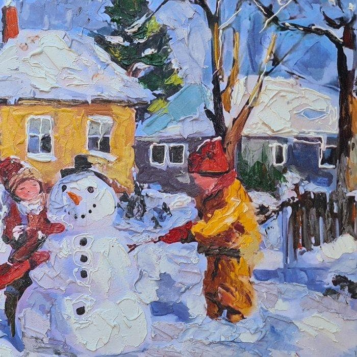 Bartolo Gentiluomo (1973) - Children building a snowman in a, Antiquités & Art, Art | Peinture | Classique