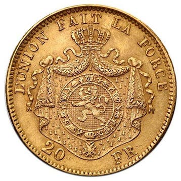 Belgique. 20 Francs Belgium 20 Francs Leopold II Gold Coin