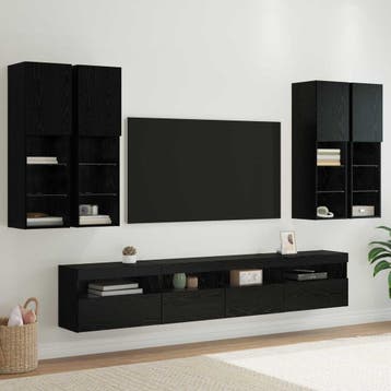 vidaXL TV Wandkast Set met LED Verlichting 7 st Zwart Eiken, Verzenden, Nieuw