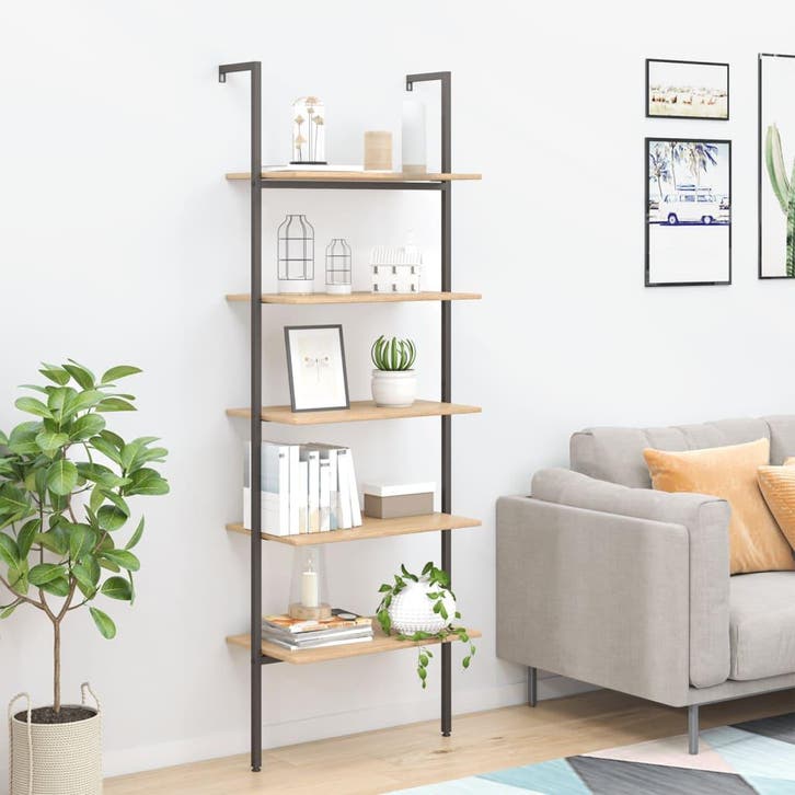 vidaXL Ladderrek met 5 schappen 64x35x185 cm lichtbruin en, Huis en Inrichting, Kasten | Boekenkasten, Nieuw, Verzenden