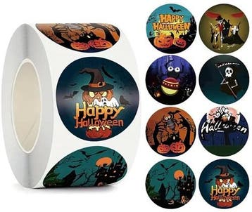 Sluitstickers happy halloween pompoen rond etiket 2,5 cm rol, Nieuw