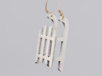 Houten 4 sleetjes 9 cm hangers kerstdecoratie white wash, Nieuw