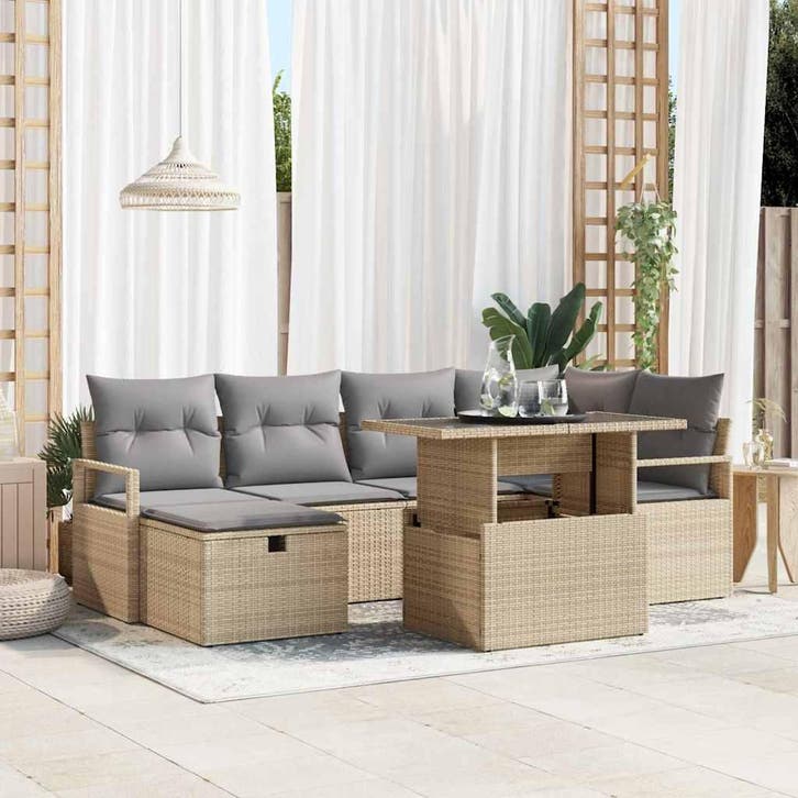 vidaXL Tuinbank Set met kussen met opslag 7 pcs Beige Poly, Tuin en Terras, Tuinsets en Loungesets, Nieuw, Verzenden