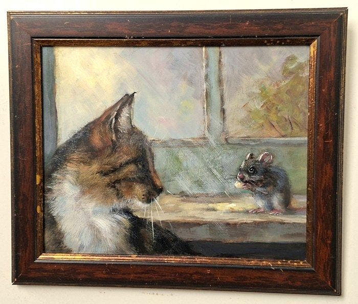 H.M.Bergen (1945) - Kat kijkt liefdevol toe, Antiquités & Art, Art | Peinture | Classique