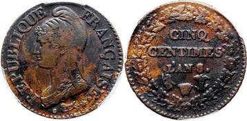 France. 5 Centimes An 8-W Dupré. Variété 8/5 et W/T (Sans