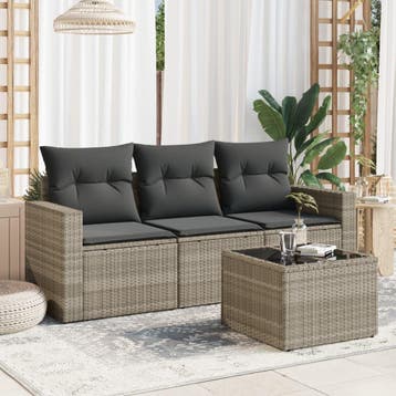 vidaXL 4-delige Loungeset met kussens poly rattan lichtgrijs, Verzenden
