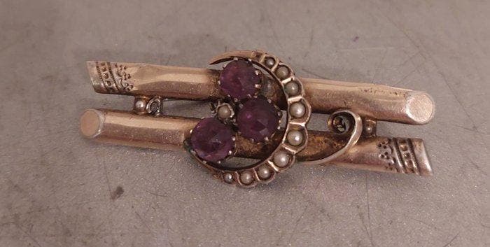 Zonder minimumprijs - Broche Zilver Amethist - Parel, Handtassen en Accessoires, Antieke sieraden
