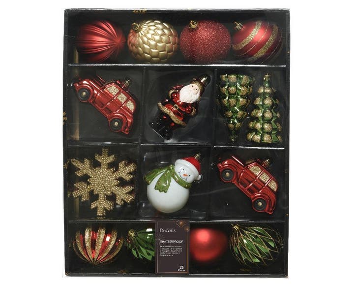 Kerstballen 8 cm rood groen goud mix onbreekbaar doos 25, Maison & Meubles, Accessoires pour la Maison | Plantes & Fleurs artificielles